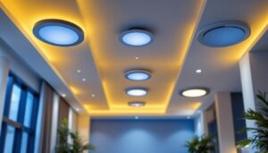 A photograph of a well-lit interior space featuring various recessed can lighting installations