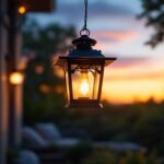 A photograph of a stylish black outdoor hanging lantern illuminated at dusk