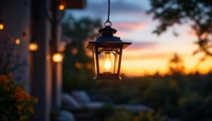 A photograph of a stylish black outdoor hanging lantern illuminated at dusk
