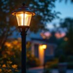 A photograph of a beautifully illuminated low voltage outdoor lamp post in a residential setting