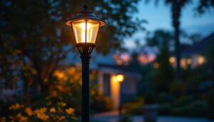 A photograph of a beautifully illuminated low voltage outdoor lamp post in a residential setting