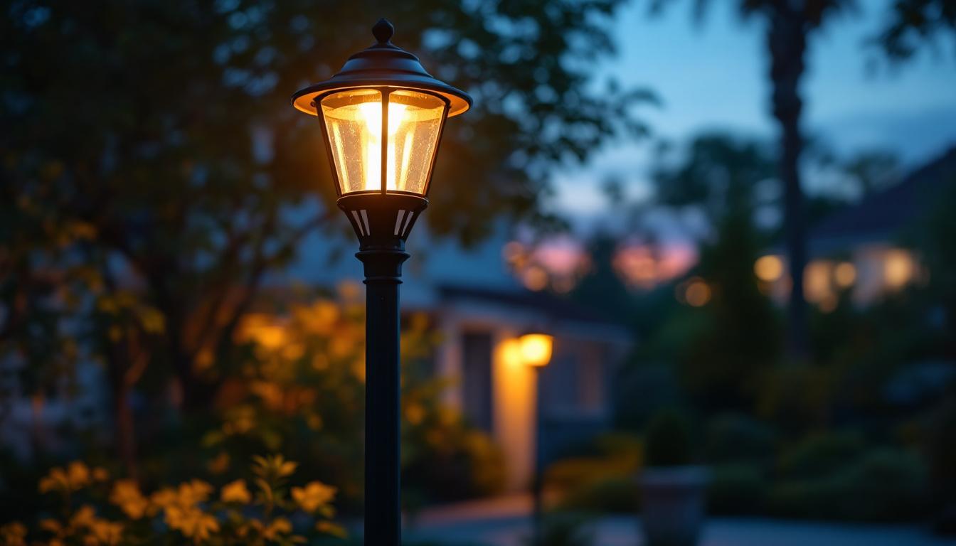 A photograph of a beautifully illuminated low voltage outdoor lamp post in a residential setting