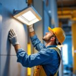 A photograph of capture a photograph of a lighting contractor skillfully installing a wall shield in a well-lit commercial space