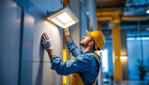 A photograph of capture a photograph of a lighting contractor skillfully installing a wall shield in a well-lit commercial space