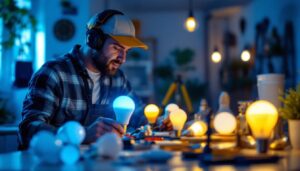 A photograph of a lighting contractor working on a residential installation