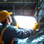 A photograph of a lighting contractor expertly installing or adjusting 4-foot light covers in a well-lit commercial or industrial space