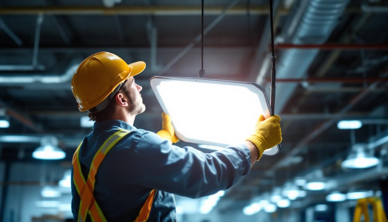 A photograph of a lighting contractor expertly installing or adjusting 4-foot light covers in a well-lit commercial or industrial space