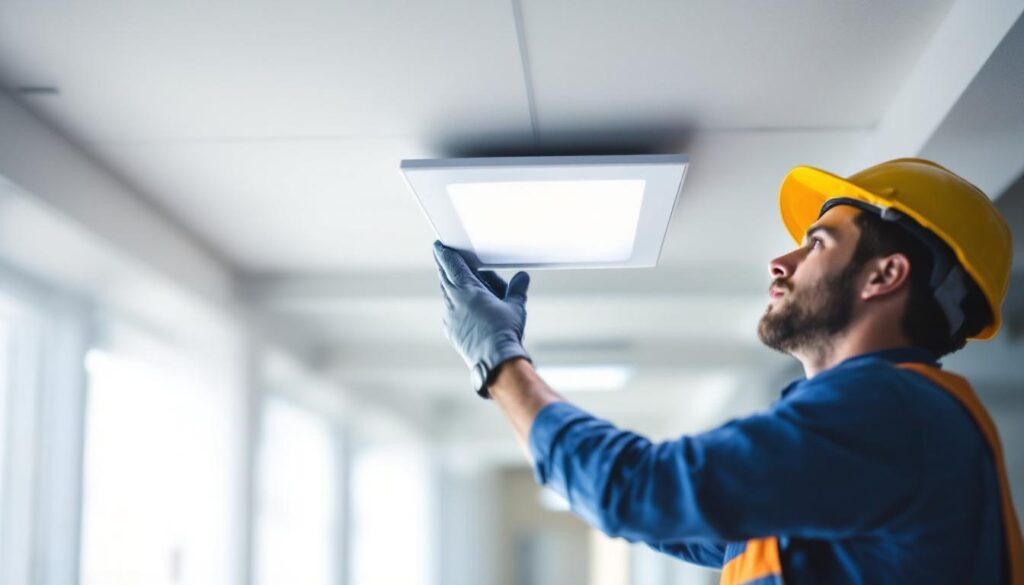 A photograph of a lighting contractor installing or inspecting a troffer light cover in a commercial space