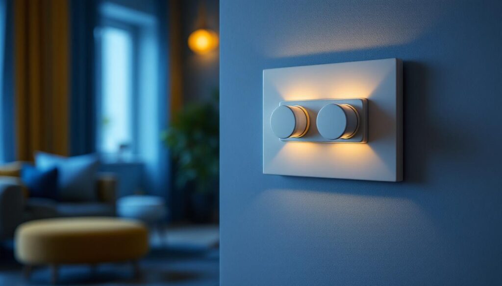A photograph of a stylish living room setting featuring a modern dimmer switch in action