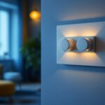 A photograph of a stylish living room setting featuring a modern dimmer switch in action