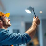A photograph of a lighting contractor installing 6-inch round led lights in a residential or commercial setting