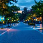 A photograph of a well-lit outdoor area featuring various lighting installations