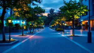 A photograph of a well-lit outdoor area featuring various lighting installations
