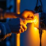 A photograph of a lighting contractor adjusting a dimmable led light driver in a modern residential or commercial setting