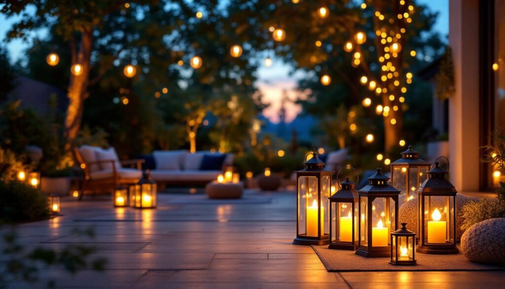 A photograph of a beautifully arranged outdoor scene featuring a variety of stylish lanterns in different settings