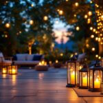 A photograph of a beautifully arranged outdoor scene featuring a variety of stylish lanterns in different settings