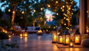 A photograph of a beautifully arranged outdoor scene featuring a variety of stylish lanterns in different settings