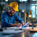 A photograph of a lighting contractor interacting with innovative lighting technology in a well-lit workspace