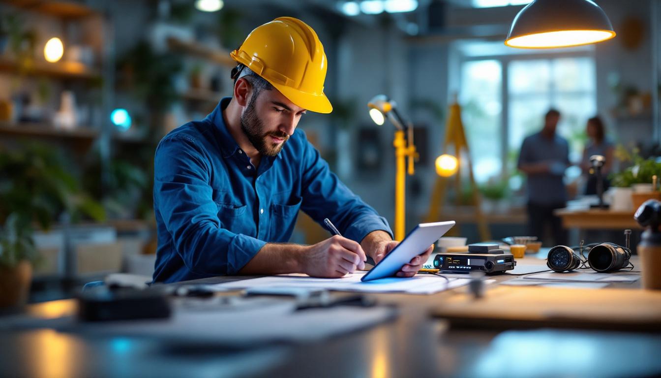 A photograph of a lighting contractor interacting with innovative lighting technology in a well-lit workspace