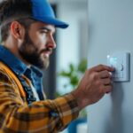 A photograph of a lighting contractor installing a timer switch in a residential setting