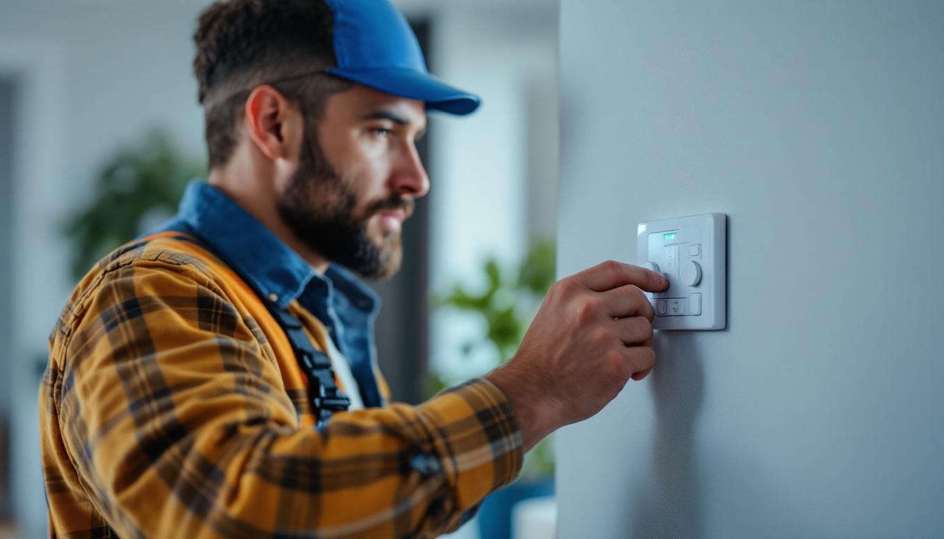 A photograph of a lighting contractor installing a timer switch in a residential setting
