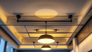 A photograph of a well-designed contemporary suspended ceiling featuring stylish lighting fixtures