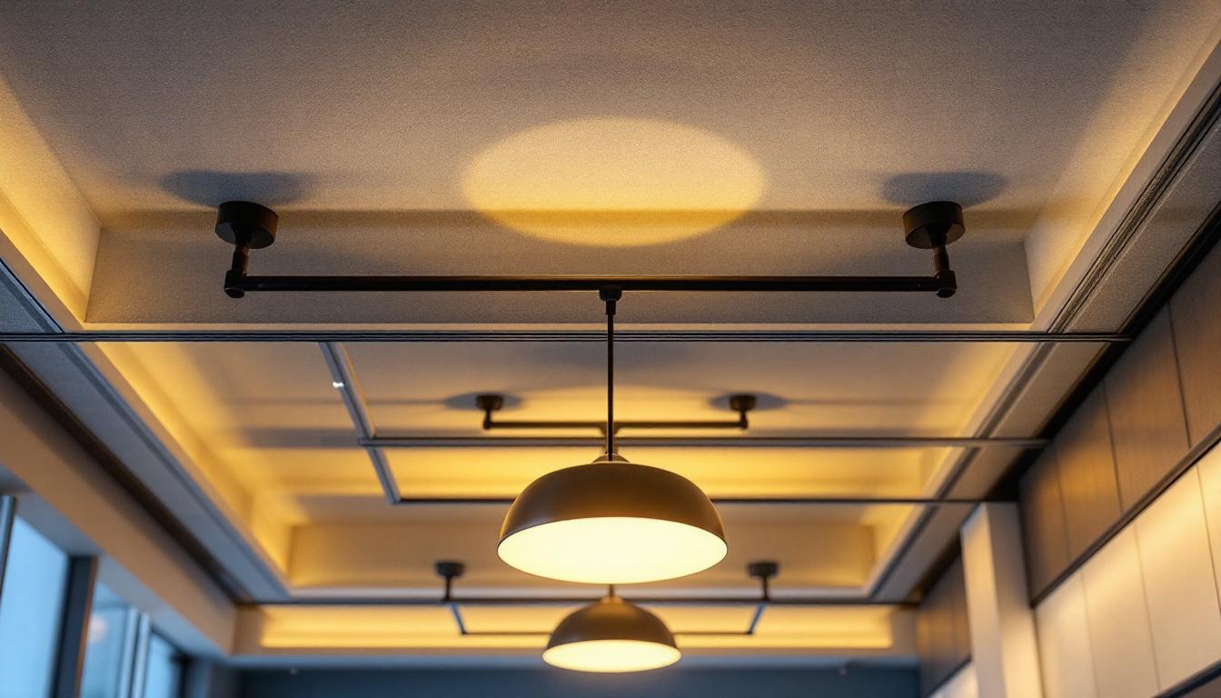A photograph of a well-designed contemporary suspended ceiling featuring stylish lighting fixtures
