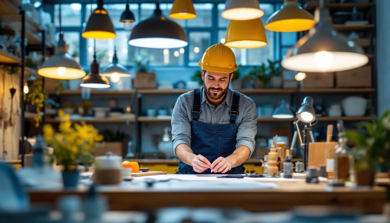 A photograph of a lighting contractor expertly showcasing a variety of high-quality lighting fixtures in a well-lit workspace