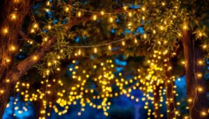 A photograph of a beautifully illuminated outdoor space featuring led string lights draped elegantly across trees or pergolas
