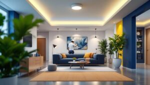 A photograph of a well-lit interior space showcasing 3-inch recessed led lights in various settings