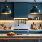 A photograph of a beautifully designed kitchen island illuminated by stylish pendant lights