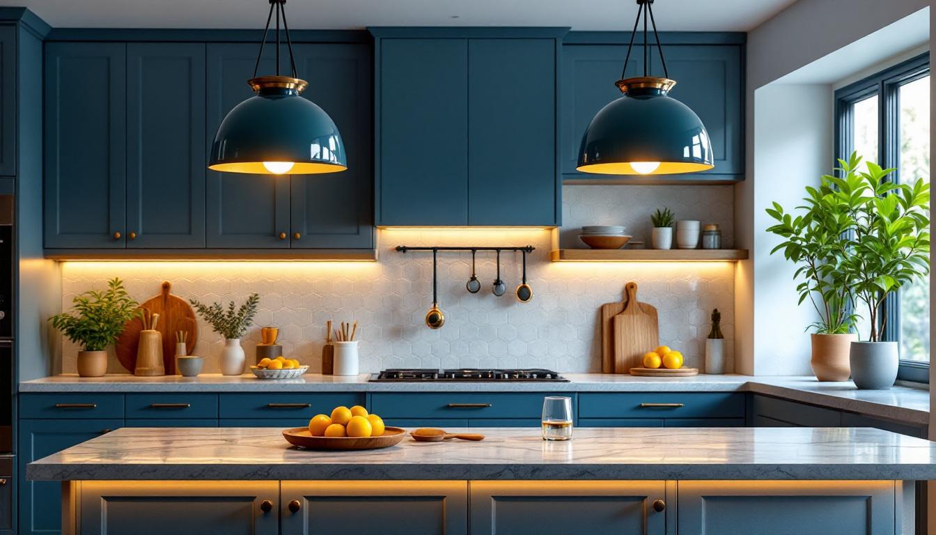 A photograph of a beautifully designed kitchen island illuminated by stylish pendant lights