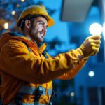 A photograph of a lighting contractor installing security led light bulbs in a residential or commercial setting