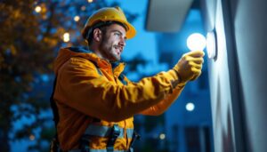 A photograph of a lighting contractor installing security led light bulbs in a residential or commercial setting
