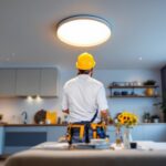 A photograph of a lighting contractor installing led recessed lights in a modern home setting