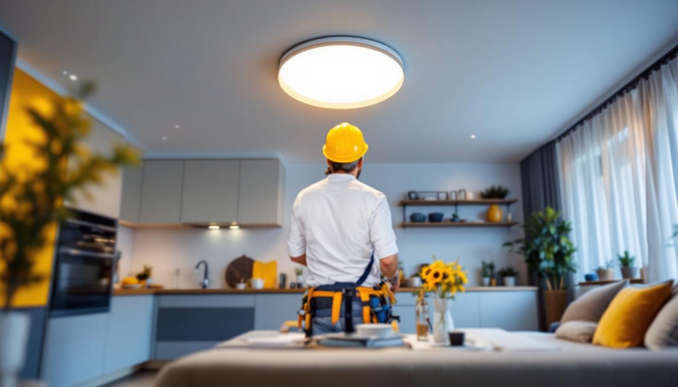 A photograph of a lighting contractor installing led recessed lights in a modern home setting