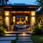 A photograph of a beautifully designed outdoor space illuminated by solar-powered up and down lights