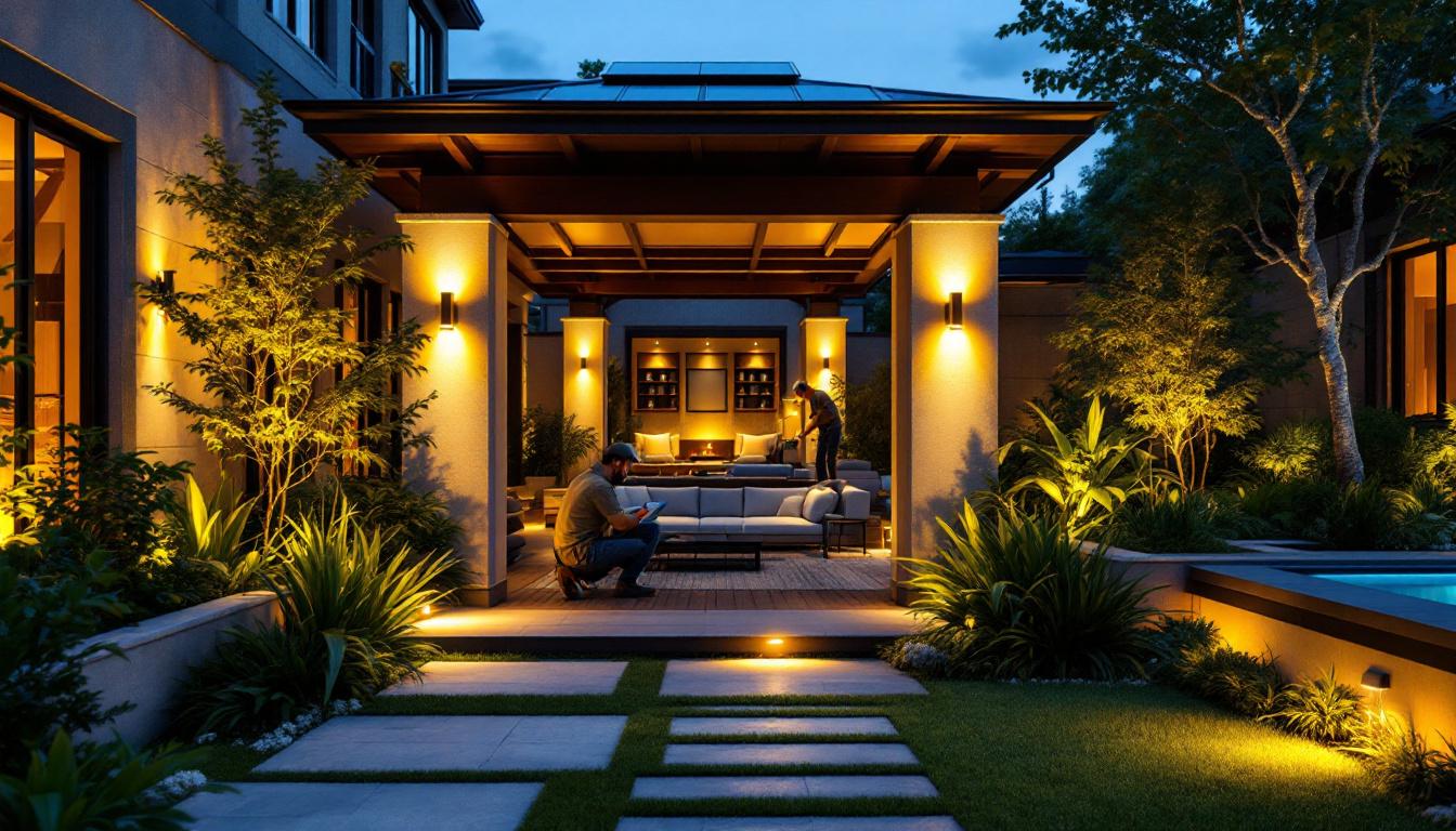 A photograph of a beautifully designed outdoor space illuminated by solar-powered up and down lights