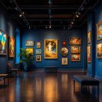 A photograph of an elegantly lit art gallery showcasing a diverse range of artwork