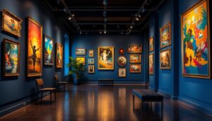 A photograph of an elegantly lit art gallery showcasing a diverse range of artwork