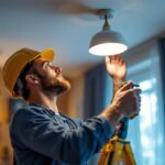 A photograph of a lighting contractor expertly installing a stylish ceiling light holder in a modern home setting
