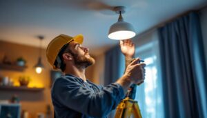 A photograph of a lighting contractor expertly installing a stylish ceiling light holder in a modern home setting