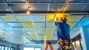 A photograph of a well-lit drop ceiling installation in a commercial space
