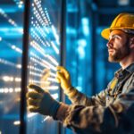 A photograph of a lighting contractor examining and installing led panels in a commercial space
