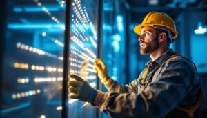 A photograph of a lighting contractor examining and installing led panels in a commercial space