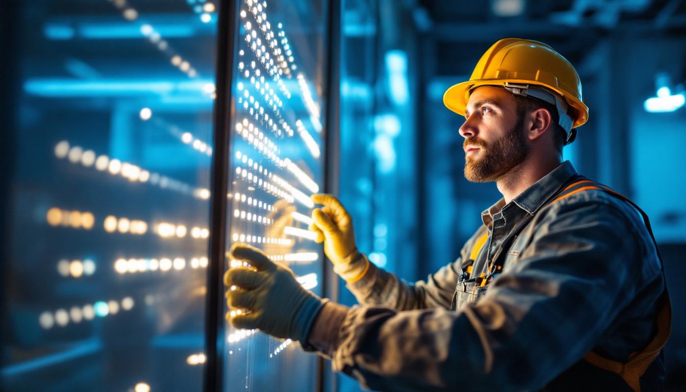 A photograph of a lighting contractor examining and installing led panels in a commercial space