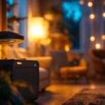 A photograph of a well-lit scene featuring a battery backup light in use during a power outage