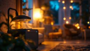 A photograph of a well-lit scene featuring a battery backup light in use during a power outage