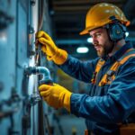 A photograph of a lighting contractor expertly installing a 3/4 emt 90-degree elbow fitting in a commercial setting