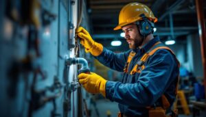 A photograph of a lighting contractor expertly installing a 3/4 emt 90-degree elbow fitting in a commercial setting